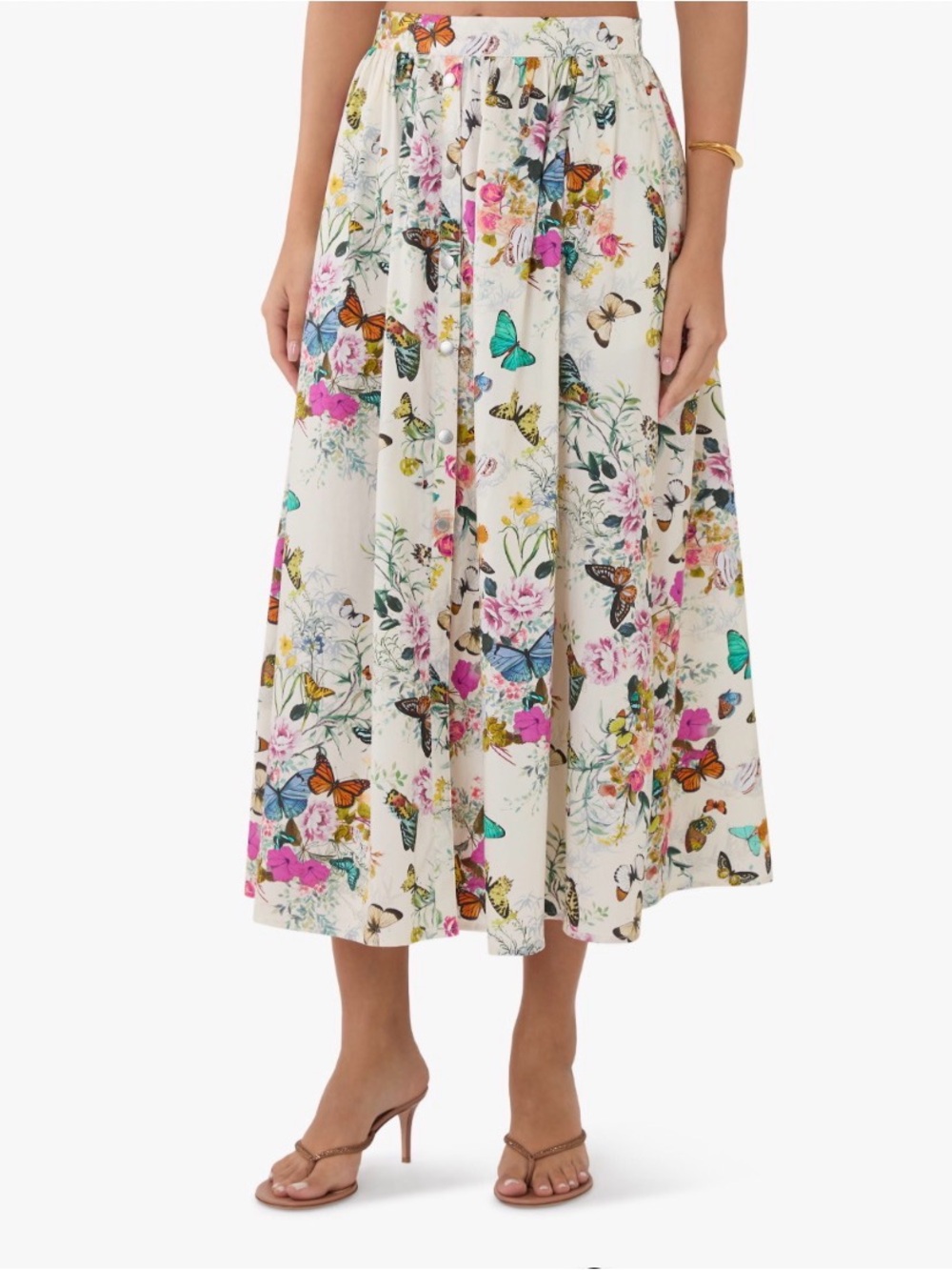 L'AGENCE Seina Cream Midi Skirt with Multicolor Butterfly & Floral Print